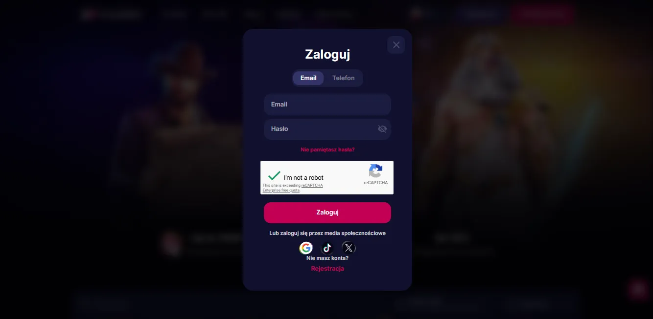 Dostępne opcje logowania do NVcasino